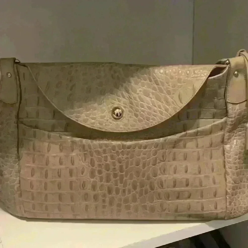 Furla Croc Embossed Handbag Satchel Lg Genuine Italian Leather Womens Taupe